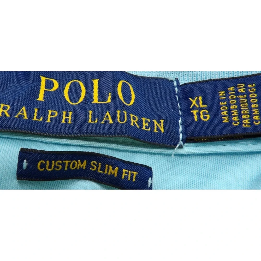 Polo Ralph Lauren Men XL Custom Slim Fit Mesh Polo Blue Striped Red Pony Cotton
